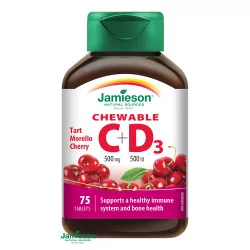 JAMIESON VITAMÍN C+D3 čerešňa 500 mg/ 500 IU tablety na cmúľanie 75 ks