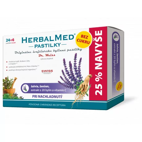 HERBALMED PASTILKY BEZ CUKRU pri prechladnutí šalvia ženšen 30 ks
