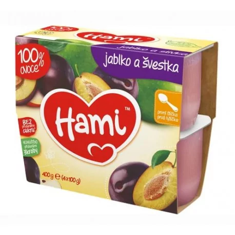 Hami ovocný príkrm 100% ovocie Jablko,slivka prvá lyžička (od ukonč. 4. mesiaca) 4 x 100 g