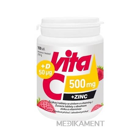 Vitabalans VITA C 500 mg + ZINC + D 50 µg žuvacie tablety s jahodovou príchuťou 150 ks
