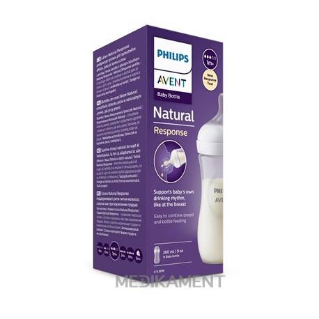 AVENT FĽAŠA Natural Response 260 ml priehľadná cumlík pre podporu rytmu pitia 1m+ 1 ks