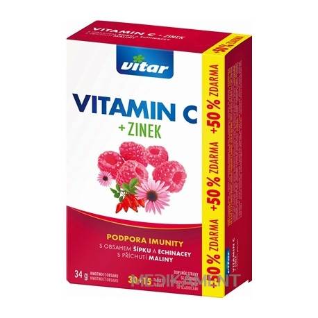 VITAR VITAMÍN C + ZINOK, ECHINACEA A ŠÍPKA tbl oro 30+15 (+50 % zdarma), príchuť malina (4