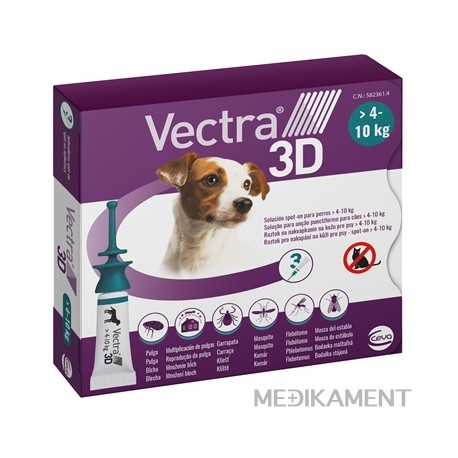 VECTRA 3D spot-on psy S 4–10 kg roztok na kožu aplikátor-modrozelený 3 x 1,6 ml