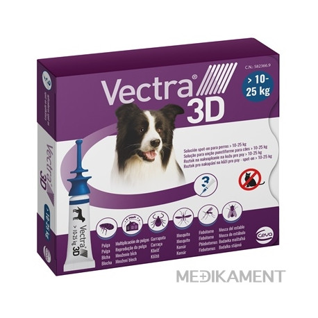 VECTRA 3D spot-on psy M 10–25 kg roztok na kožu aplikátor-modrý 3 x 3,6 ml