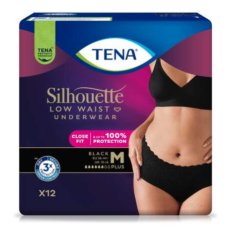 TENA Silhouette Plus Low Waist Black M čierne dámske naťahovacie inkont. nohavičky 12 ks
