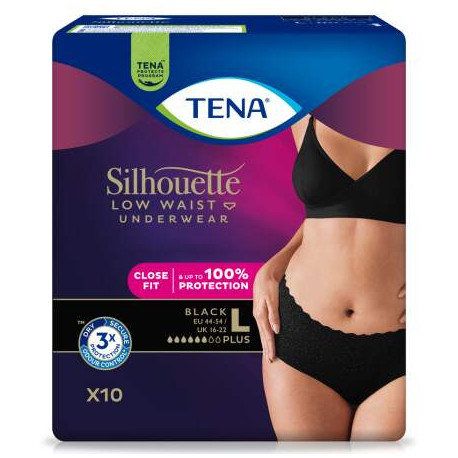 TENA Silhouette Plus Low Waist Black L čierne dámske naťahovacie inkont. nohavičky 10 ks