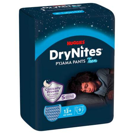 HUGGIES DryNites XL pre chlapcov 13+ rokov plienkové nohavičky 48-60 kg 9 ks
