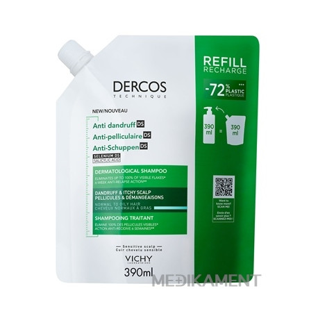 VICHY DERCOS ANTI-DANDRUFF DS GREASY REFILL šampón proti mastným lupinám 390 ml