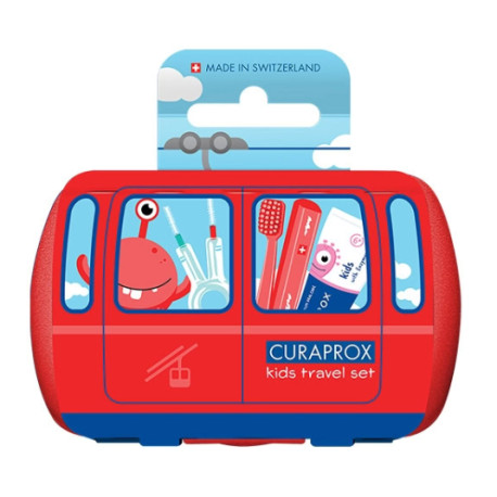 CURAPROX Kids travel set červený zubná kefka medzizubná kefka CPS zubná pasta melón 1 set
