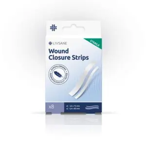 LIVSANE Náplasťové stehy STERILE 2 veľkosti 3 x 75 mm 6,4 x 80 mm 8 ks