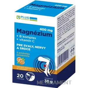 PLUS LEKÁREŇ Magnézium 400 mg+B komplex+vitamín C vrecúška s príchuťou pomaranč 20 ks