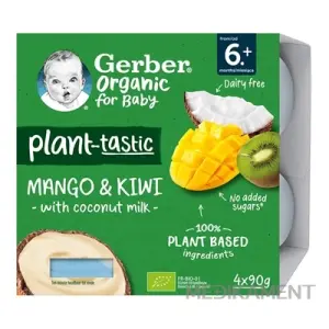 Gerber Organic Rastlinný dezert Mango a kiwi s kokosovým mliekomod 6. m 4 x 90 g