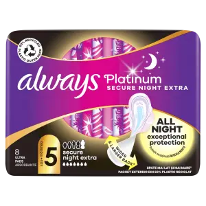 Always Platinum Secure Night Extra Menštruačné Vložky s Krídelkami, 8 ks