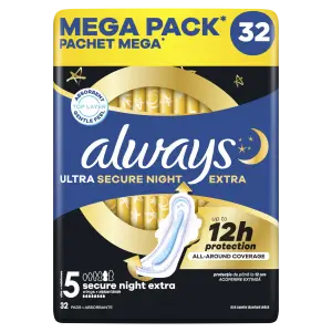 Always Ultra Secure Night Extra Hygienické Vložky s Krídelkami  32ks