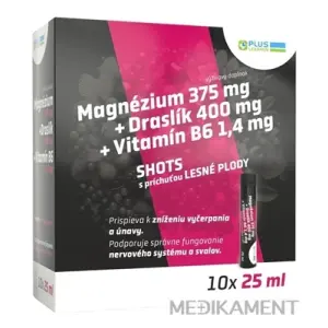 PLUS LEKÁREŇ Magnézium +Draslík +Vitamín B6 SHOTS ampuly príchuť lesné plody 10 x 25 ml
